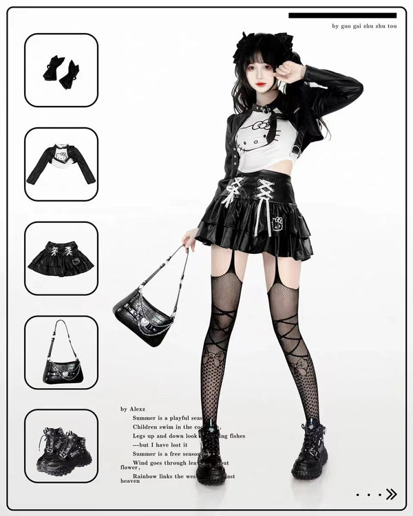 Y2K Hello Kitty Inspired T-shirt with Black Bolero Shrug and Black Leather Layered Mini Skirt
