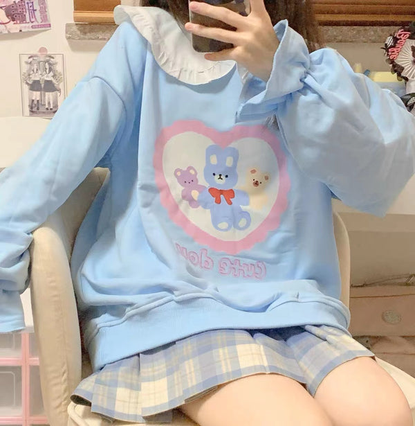 Kawaii Bunny and Bear Blue Long Sleeve Top Sweatshirt with Peter-pan Collar