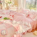 Cute Bear and Bunny Pink Ruffle Edge Cotton Bedding Duvet Cover Set Single Twin Queen Size