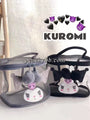 Black and Grey Kuromi Inspired See Through Mesh Portable Makeup Bag with handle and fluffy ball zipper