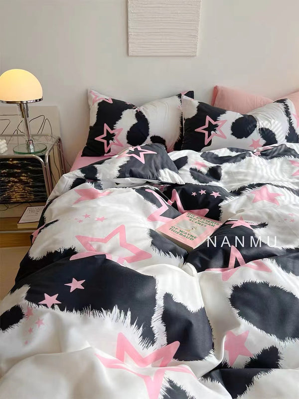 Y2K Black and Pink Star Pattern Cotton Bedding Duvet Cover Set Single Twin Queen King Size