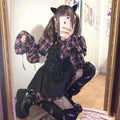 Pink and Black Plaid Punk Kitty Long Sleeve Lolita Harajuku Dress