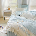 Blue Elegant Embroidery Ruffle Edge Premium Cotton Bedding Duvet Sheet Set Queen King Size