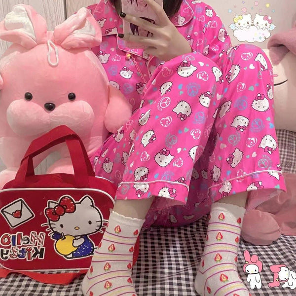 Hello Kitty Inspired Pink Long Sleeve Button Front Pajama Set with Pants Cute Kawaii