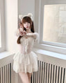 Princessy Aesthetic White Puff Shoulder Bouffant Dress with Pink Corset Belt