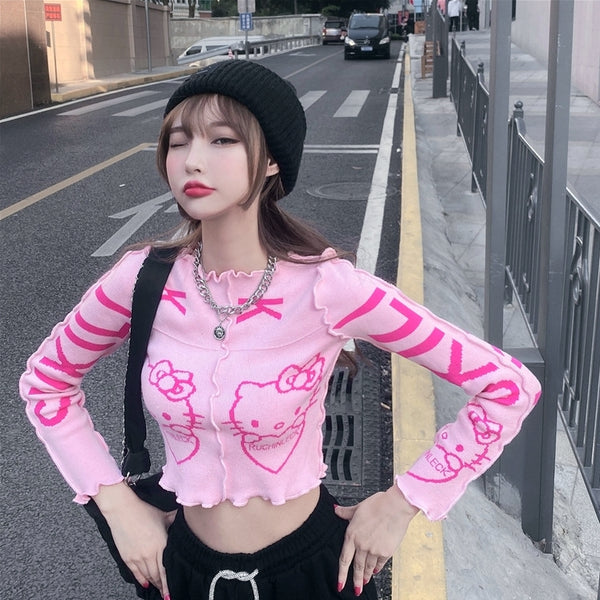 Hello Kitty Inspired Pink Long Sleeve Crop Top
