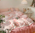 Baby Pink Diamond Shape Detail White Ruffle Edge Bedding Duvet Sheet Set Single Queen King Size