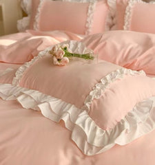 Aesthetic Pink Floral Ruffle Edge Cotton Bedding Duvet Sheet Set Singl –  PeachyBaby