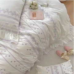 Aesthetic Pink Floral Ruffle Edge Cotton Bedding Duvet Sheet Set Singl –  PeachyBaby