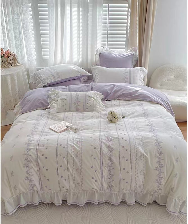 Purple Floral Ruffle Edge Embroidery Cotton Bedding Duvet Sheet Set