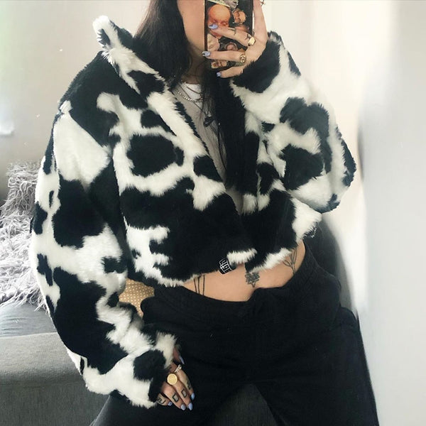Cow Pattern Black and White Fluffy Plush Crop top Style Jacket
