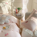 Kawaii Cute Pink Kitty/ Cat and Cherry Ruffle Edge Cotton Bedding Duvet Cover Set Queen King Size