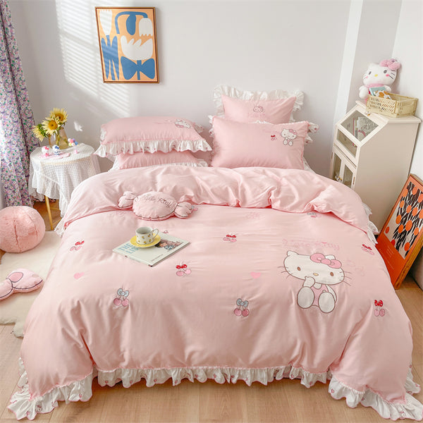 Hello Kitty Inspired Ruffle Edge Embroidered Pink Cotton Bedding Duvet Sheet Set Queen King Size