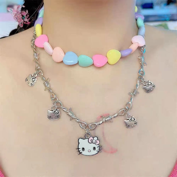 Hello Kitty Inspired Silver Necklace and Earrings