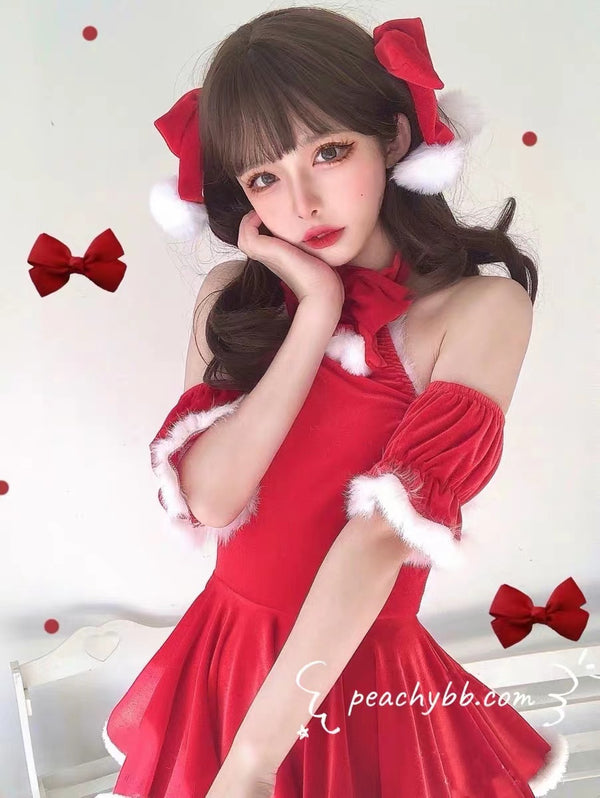 Christmas Girl Red Costume Dress with Plush Edge 3 PCs Set