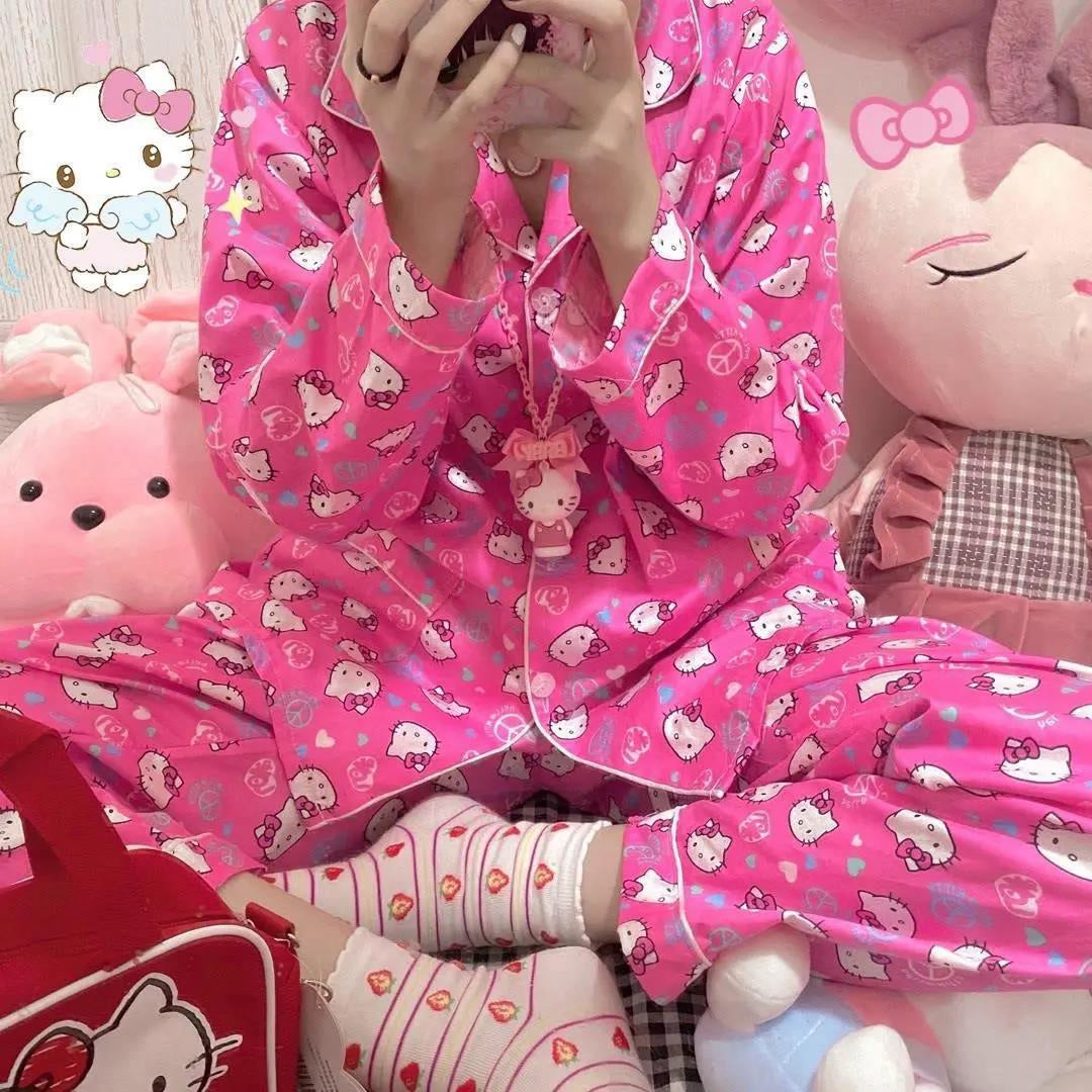 Hello Kitty Inspired Pink Long Sleeve Button Front Pajama Set with Pan ...