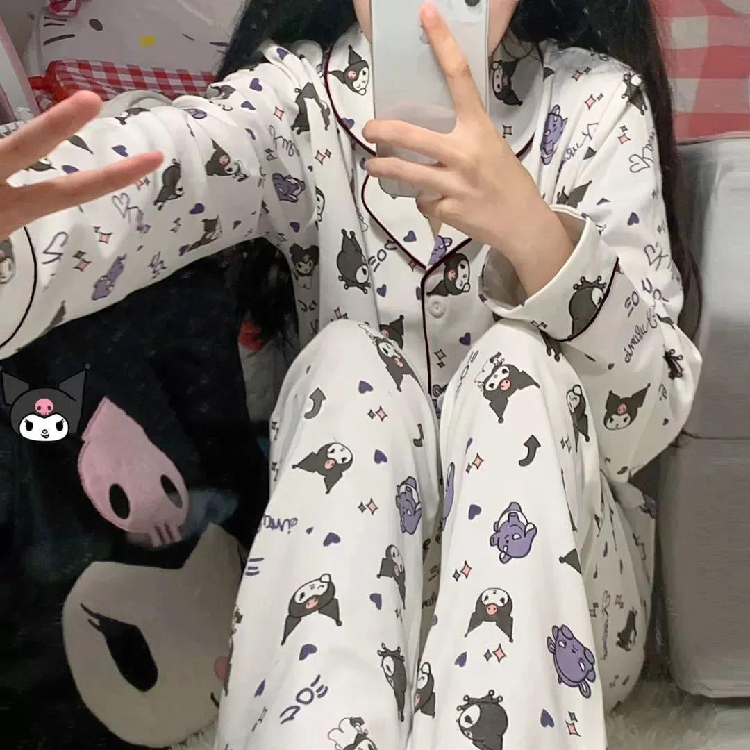 Kuromi Inspired White Long Sleeve Button Front Pajama Set with Pants C ...