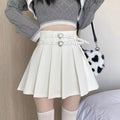 Kawaii Aesthetic High Waisted Double Belt Black White Khaki Pleated Skirt