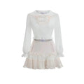 Princessy Soft Kawaii Aesthetic Pastel Cream Flounce Lolita Sleeve Blouse Button Front Long Sleeve Top and Mesh and Lace Skirt