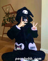 Kuromi Inspired Black Plush Hooded Pajama Night Gown Pyjamas with Heart Shape Pockets Cute Kawaii