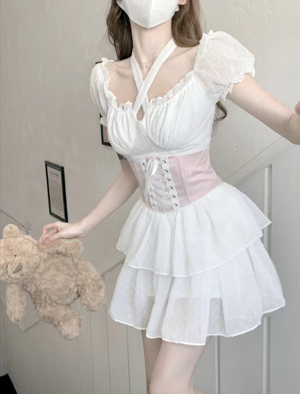 Princessy Aesthetic White Puff Shoulder Bouffant Dress with Pink Corset Belt