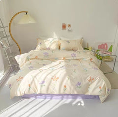 Artsy Aesthetic Flower Painting Purple and Cream Cotton Bedding