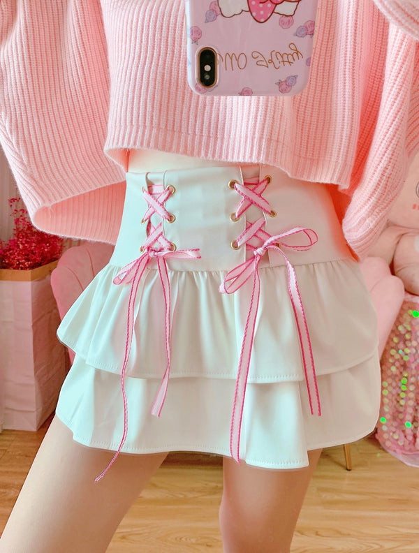 Pink and White Ruffled Leather Skirt with Front Ribbons