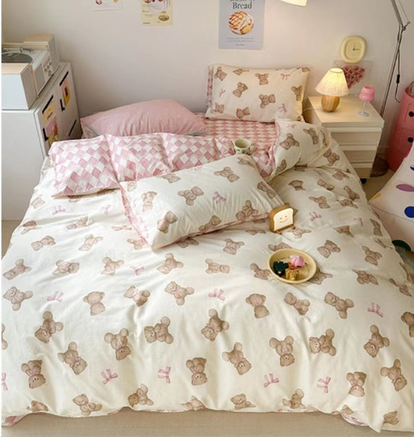 Pink Teddy Bear Pattern Aesthetic Kawaii Cute Cotton Bedding Duvet Cover Set Single Twin Queen Size