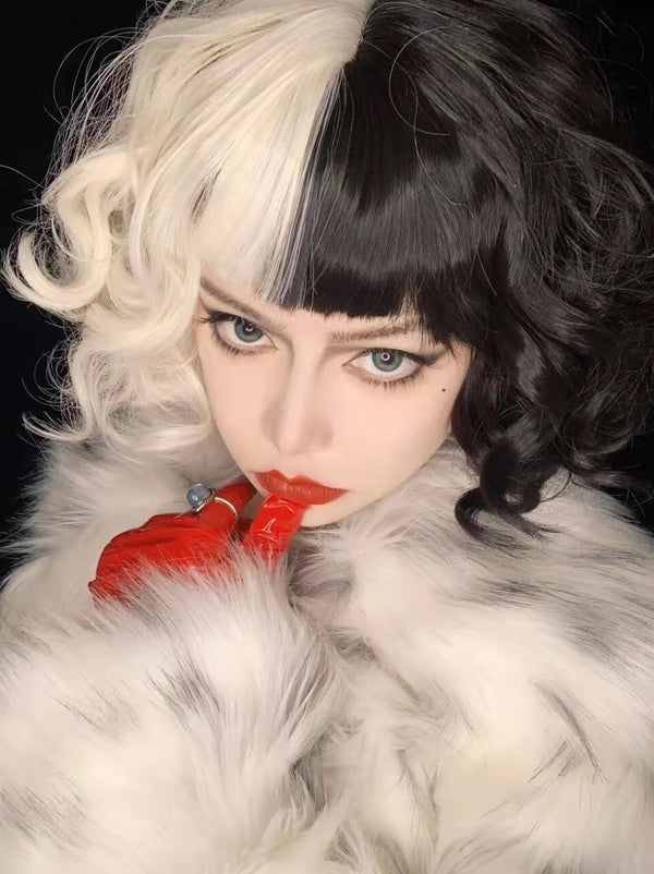 Cruella Inspired Two Tone Asymmetric Short Curly Hair Wig
