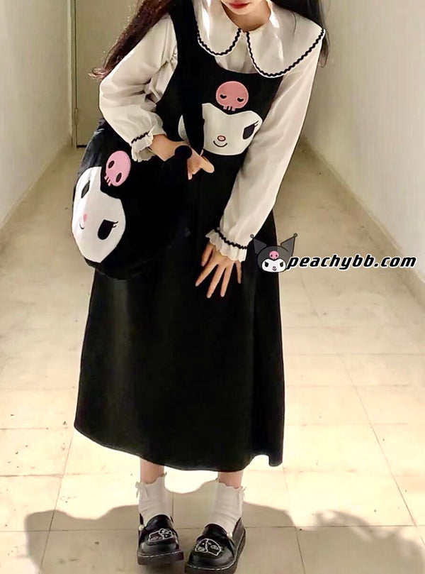 Kuromi Inspired Black Long Tent Dress and White Long Sleeve Button Front Peter Pan Collar Shirt