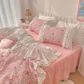 Pastoral Ruffle Edge Duvet Bedding Sheet Set Floral Girly White and Pink