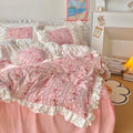 Pastoral Ruffle Edge Duvet Bedding Sheet Set Floral Girly White and Pink
