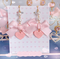 Pink Aesthetic Kawaii Cute Heart Shape Diamond Bow Detailed Drop Earrings