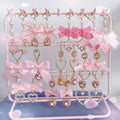 Pink Aesthetic Kawaii Cute Heart Shape Diamond Bow Detailed Drop Earrings