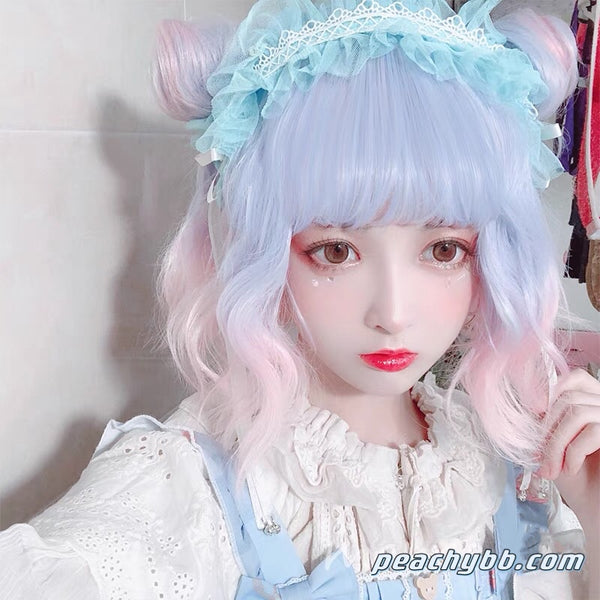 Pastel Gradient Glacier Blue and Pink Curly Short Hair Wig with Space Buns