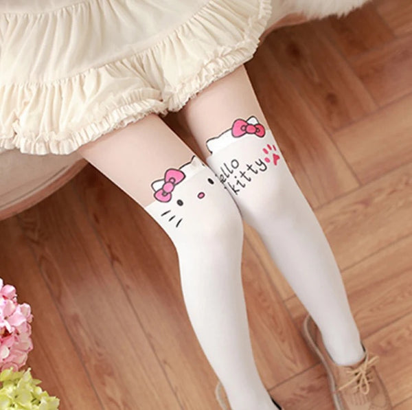 Hello Kitty Inspired Over The Knee Printing Stockings in Black and White Tights Kawaii Cute