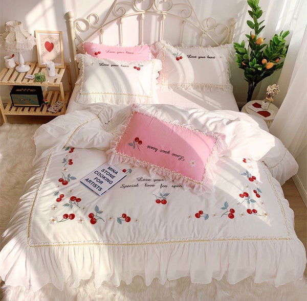 White Cherry Ruffle Edge Duvet Sheet Set Cotton Queen King Pillowcase, Duvet cover, Flat Sheet