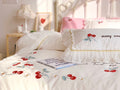 White Cherry Ruffle Edge Duvet Sheet Set Cotton Queen King Pillowcase, Duvet cover, Flat Sheet