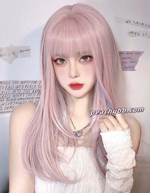 Sakura Pink Long Straight Hair Wig with Bangs