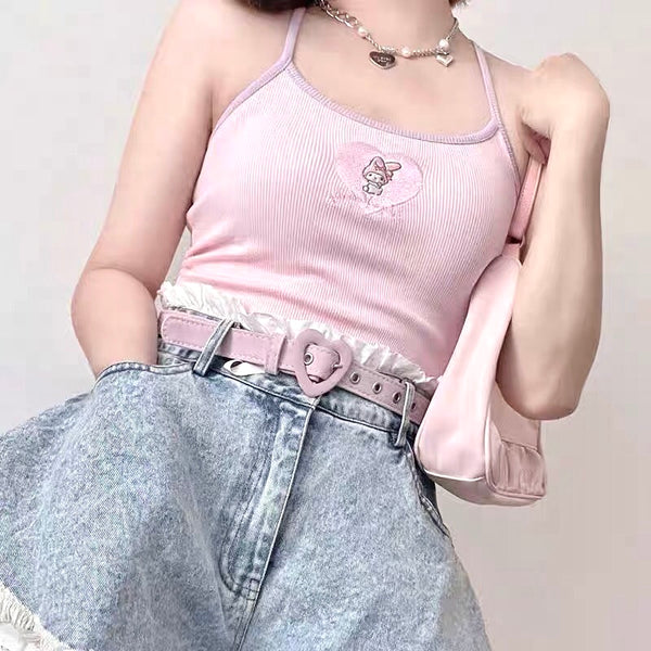 My Melody Embroidery Pink Strap Cami Tank Top