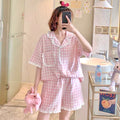 Pink Plaid Lace Edge Pajama Set 2 Pcs Set Night Gown PJS Cute Kawaii