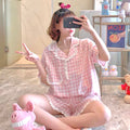 Pink Plaid Lace Edge Pajama Set 2 Pcs Set Night Gown PJS Cute Kawaii
