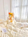 Pastel Yellow Embroidery Bedding Duvet Sheet Set with Lace and Bow Detail Pink Blue Queen King Size