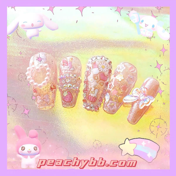 My Melody Inspired Press on False Nails Kit Set Purple Manicure 3D【Liquid Glue Not Included】