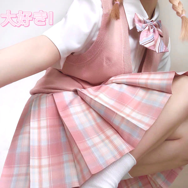 Kawaii Pink High Waisted Plaid Pleated Skirt