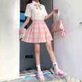 Kawaii Pink High Waisted Plaid Pleated Skirt