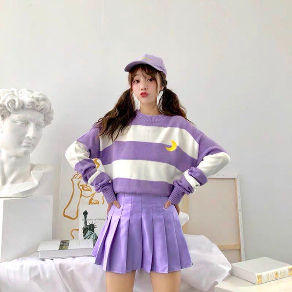 Striped Sweater with Moon Pink Purple Black