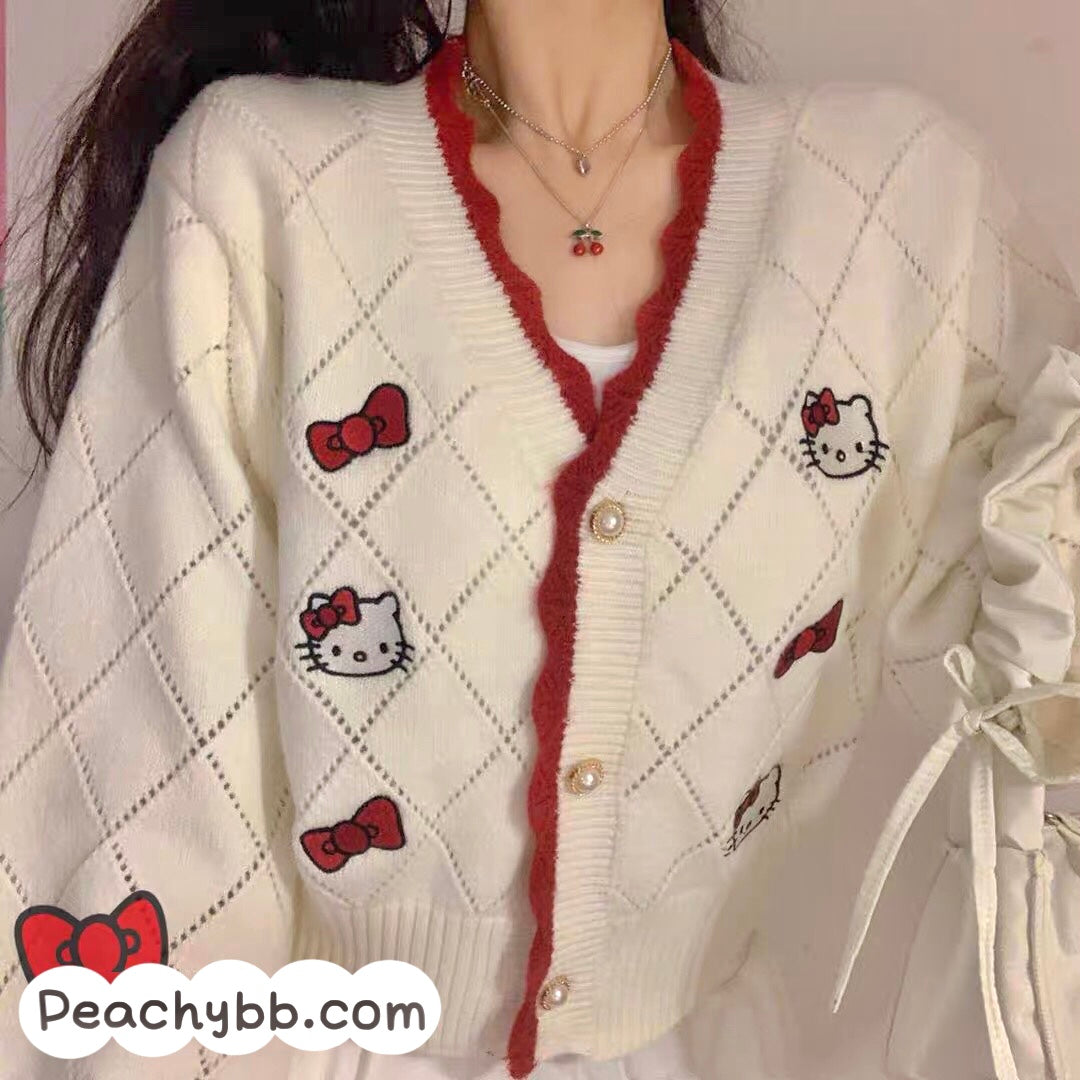 Hello Kitty Inspired Cream and Red Button Front Cardigan with Diamond –  PeachyBaby