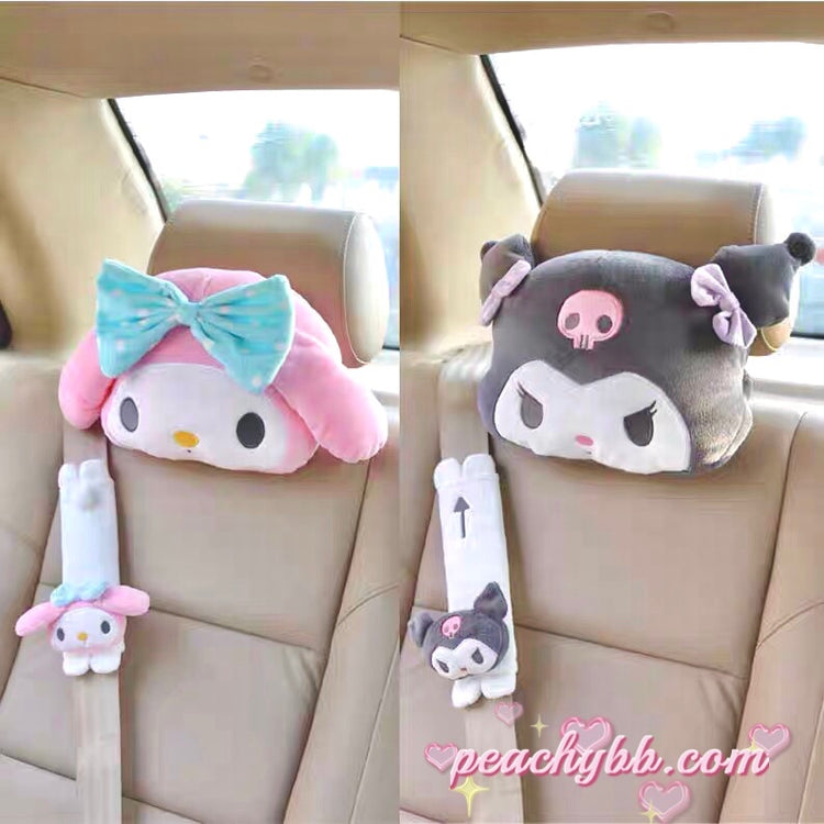 2pcs Cute Kuromi Auto Car Neck Pillow Headrest & Seat Belt