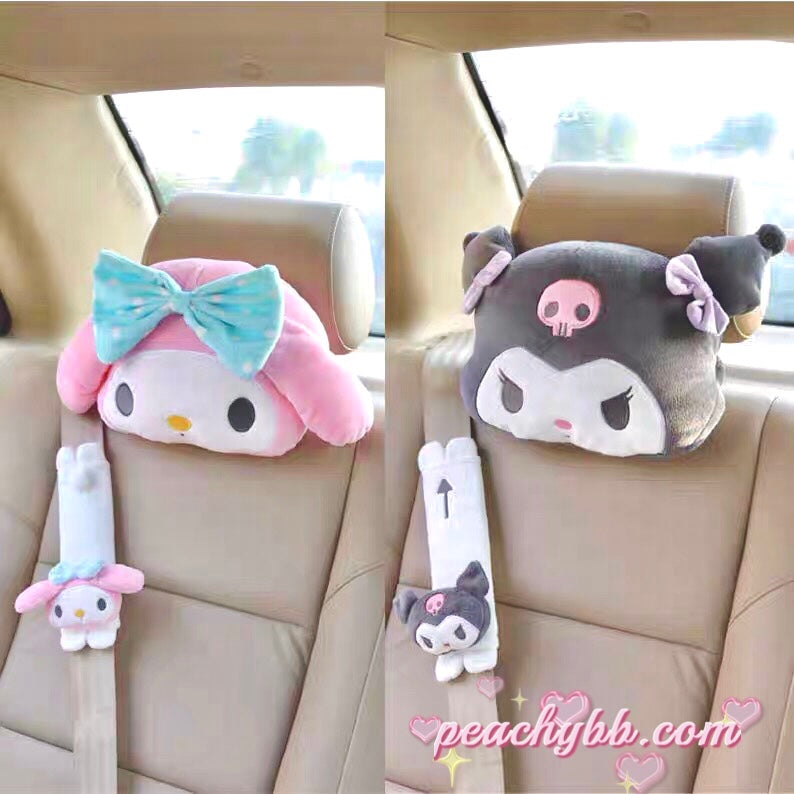 4pcs/set My Melody Kuromi Car Neck Pillow Headrest Seat Belt Cover Shoulder  Pad